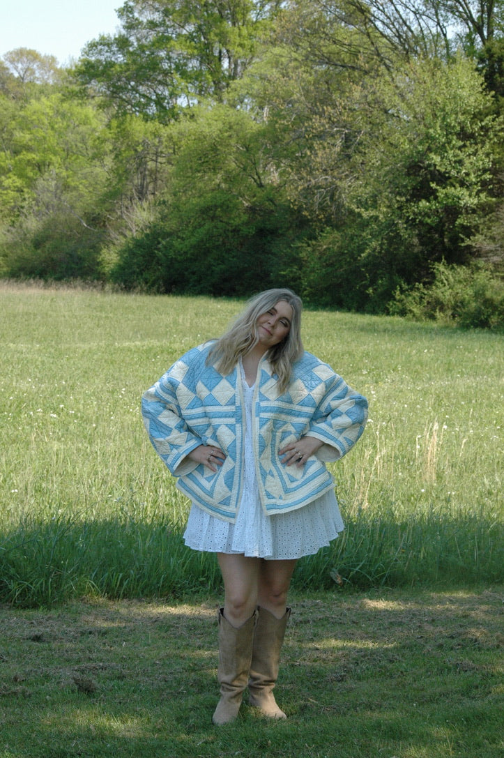 Vintage Blue and Cream Quilted Jacket with Pockets