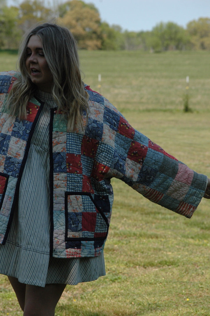 Vintage 1930s Feed Sack Quilted Jacket with Pockets