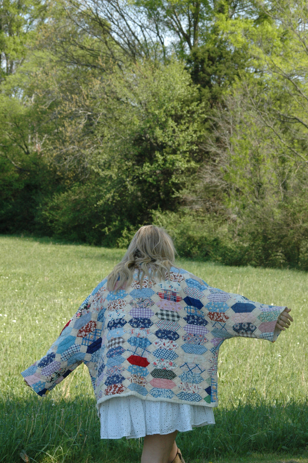 Vintage Patchwork Feed Sack Quilted Jacket with Pockets
