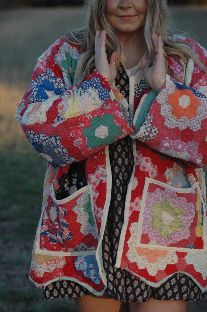 Vintage Red Grandmother's Flower Garden Quilt Jacket