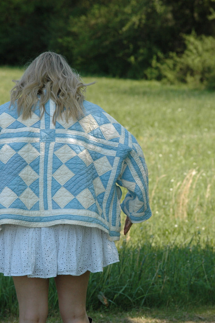 Vintage Blue and Cream Quilted Jacket with Pockets