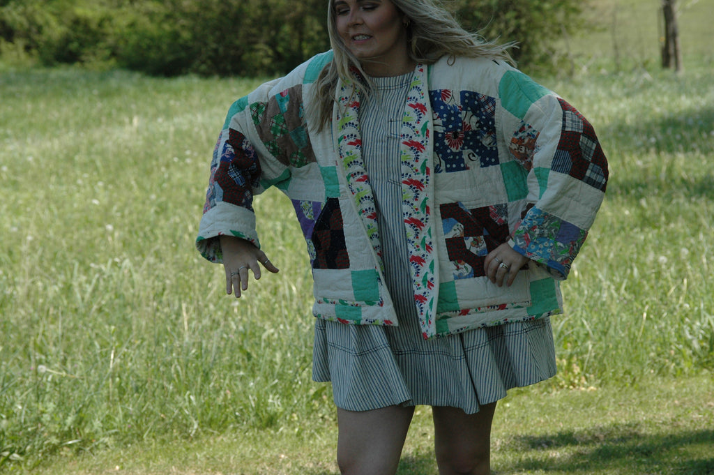 Vintage Block Bowtie Quilted Jacket with Pockets