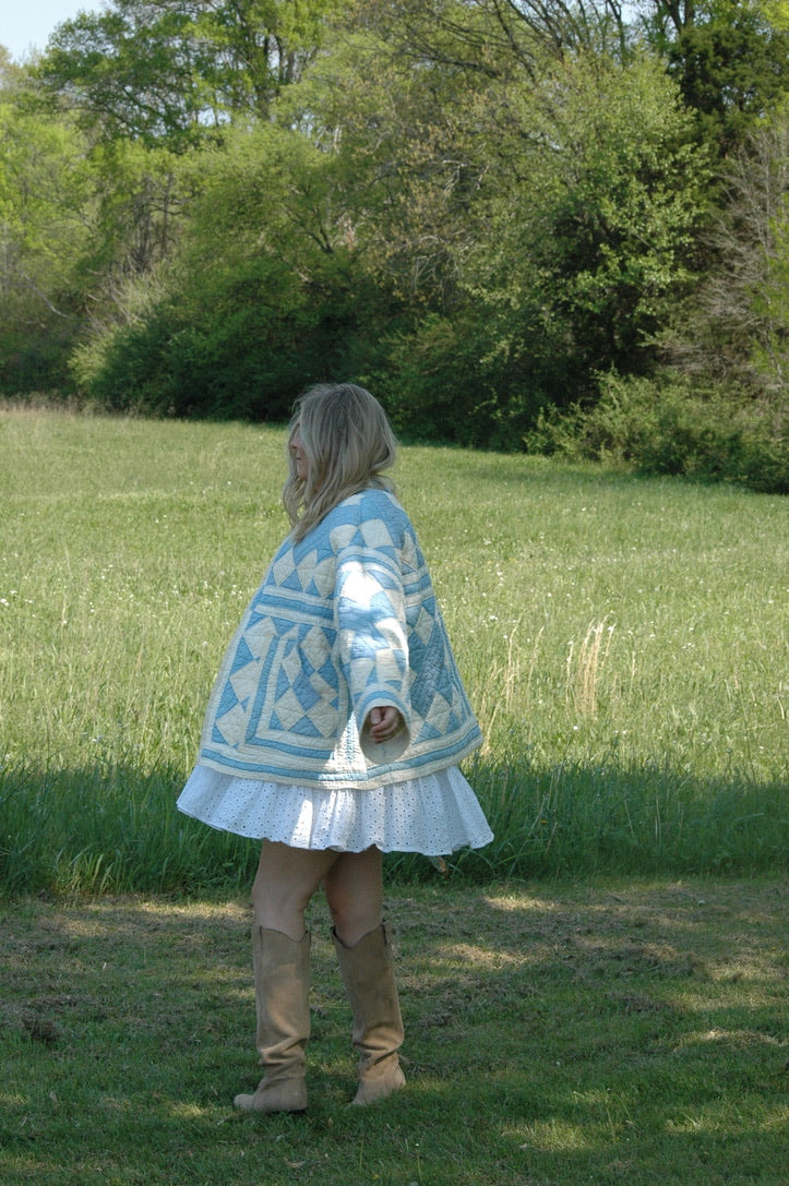 Vintage Blue and Cream Quilted Jacket with Pockets