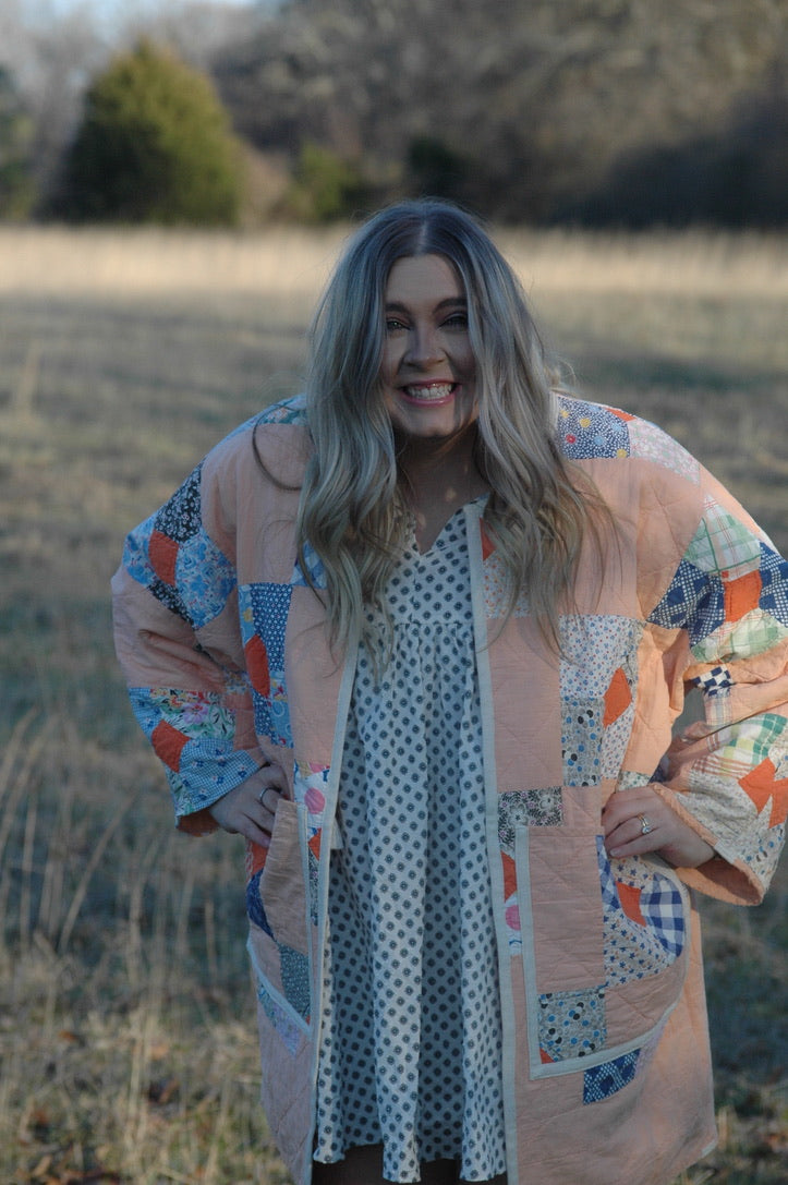 Vintage Peach Bowtie Patchwork Quilt Jacket