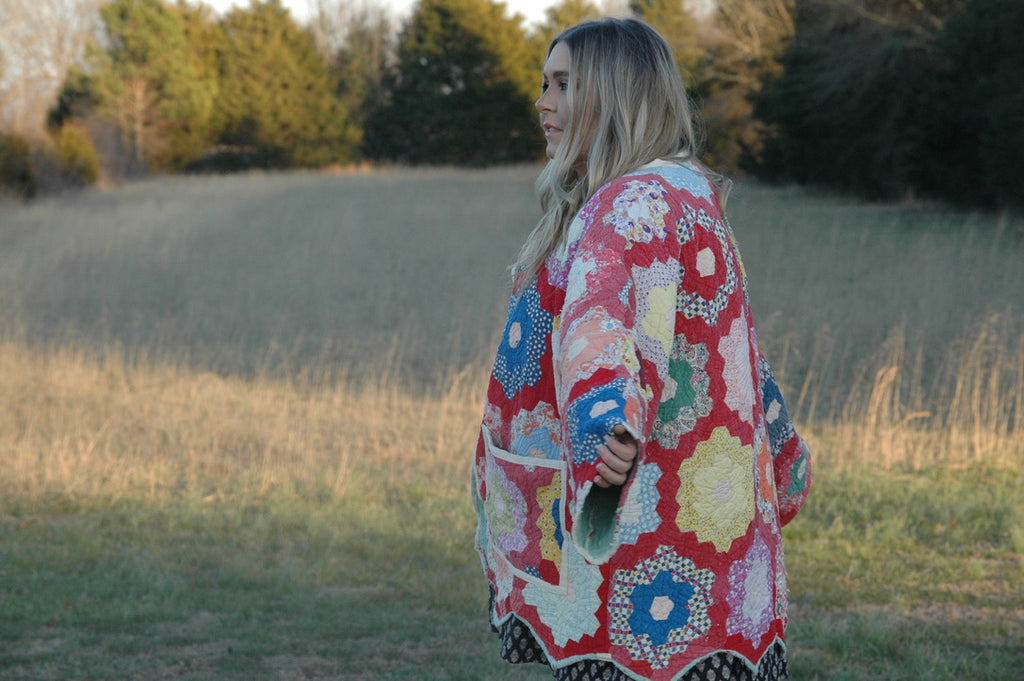 Vintage Red Grandmother's Flower Garden Quilt Jacket