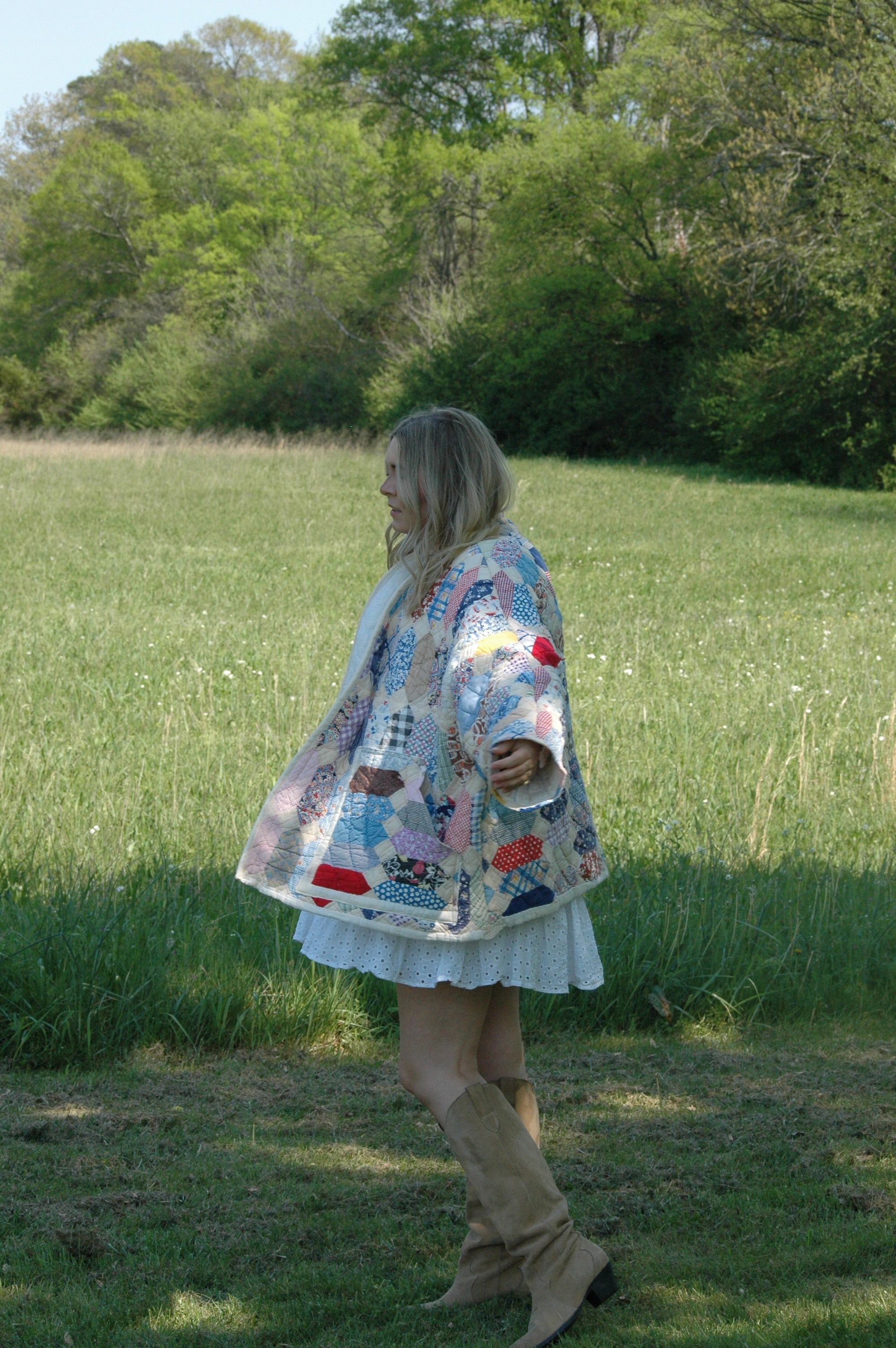 Vintage Patchwork Feed Sack Quilted Jacket with Pockets