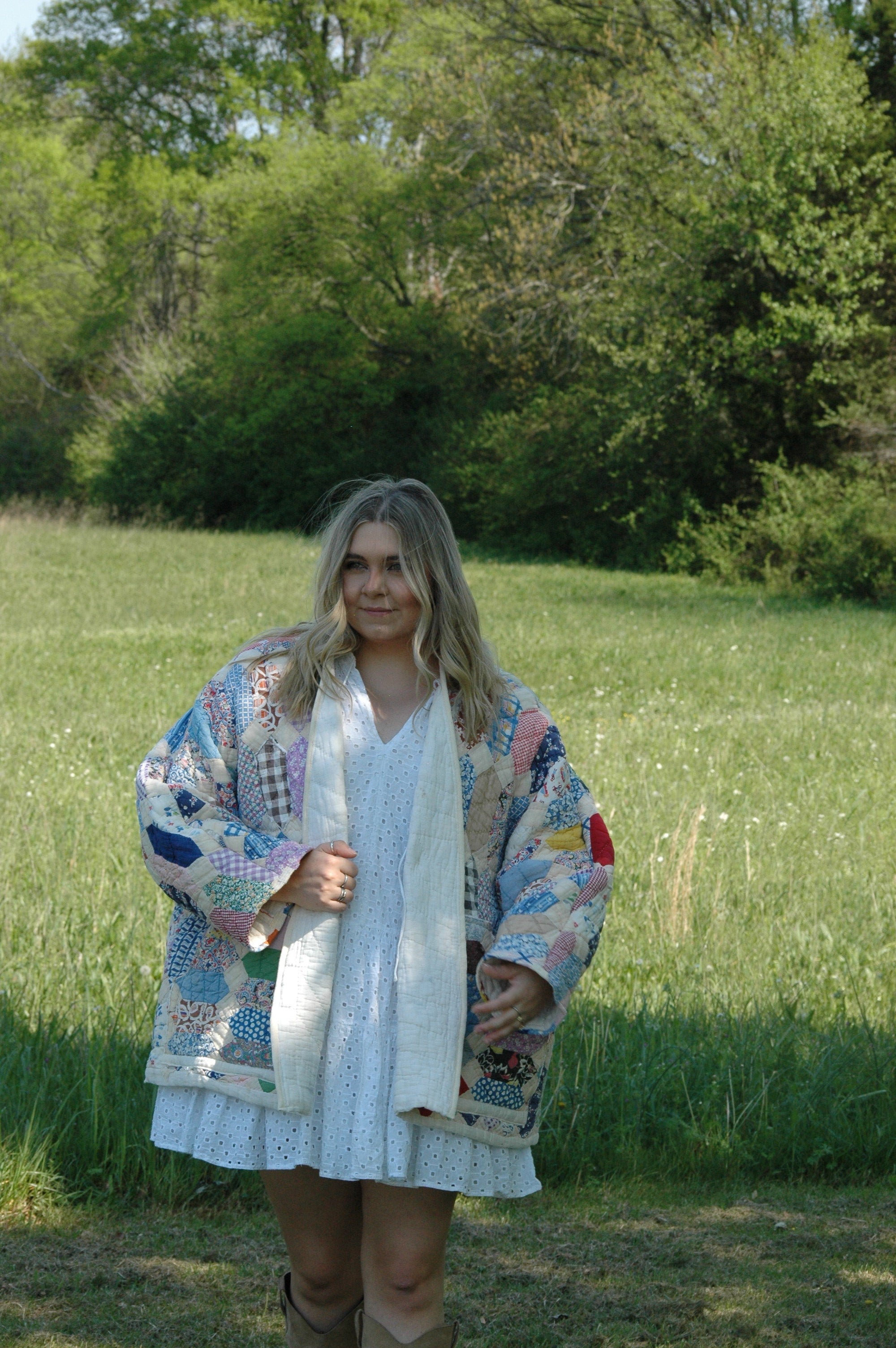 Vintage Patchwork Feed Sack Quilted Jacket with Pockets