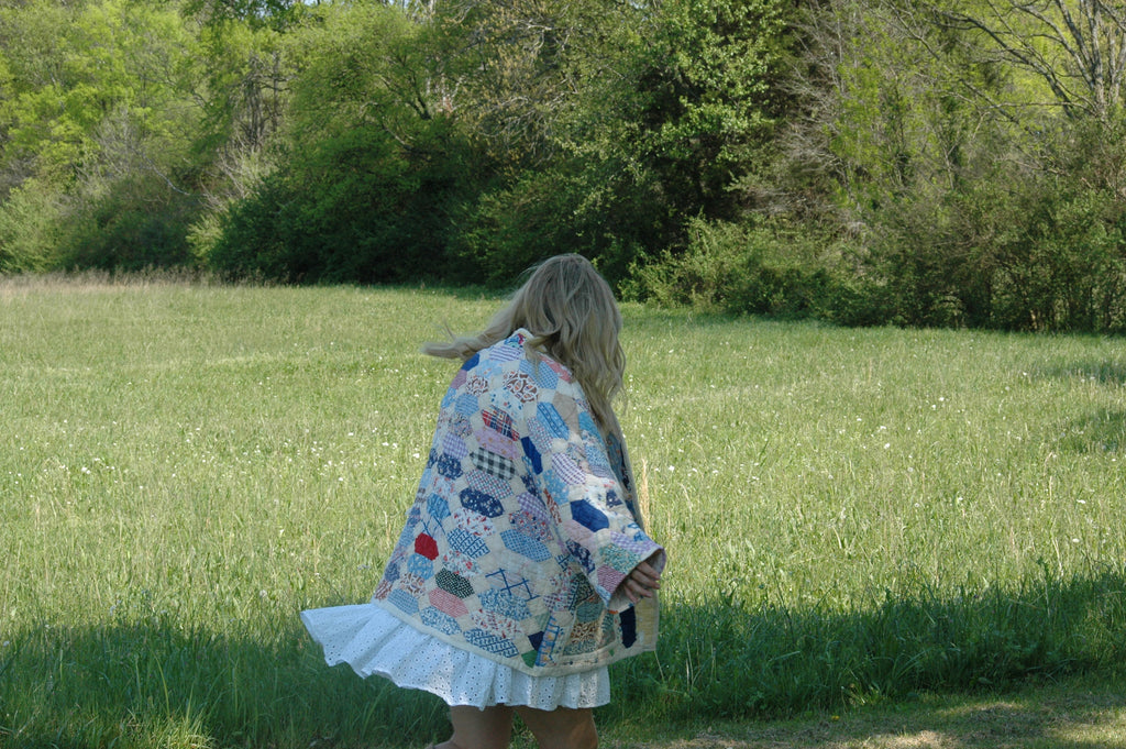 Vintage Patchwork Feed Sack Quilted Jacket with Pockets