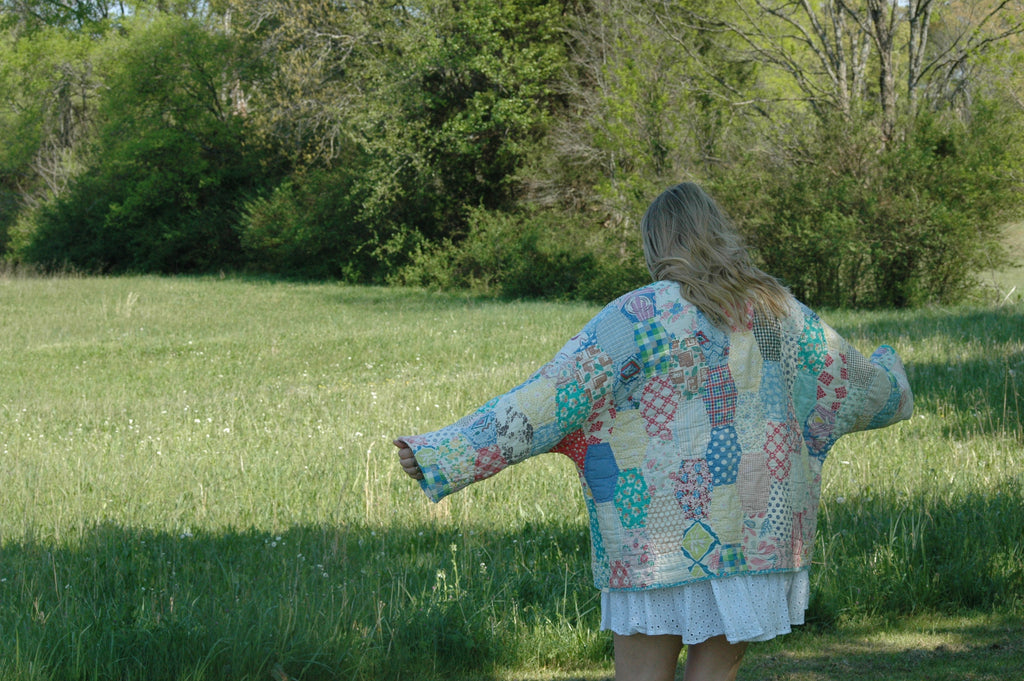 Vintage Feed Sack Multi Color Quilted Jacket with Pockets