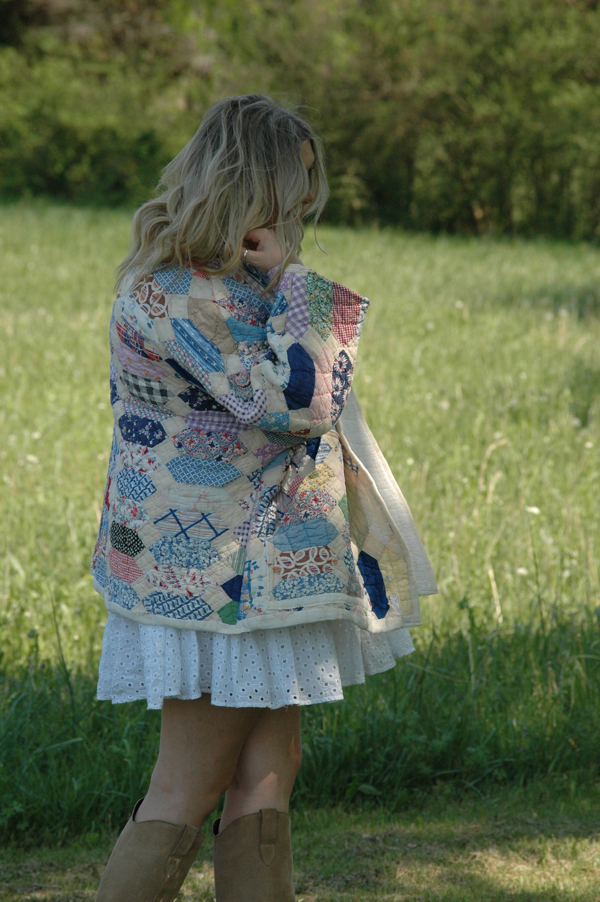 Vintage Patchwork Feed Sack Quilted Jacket with Pockets