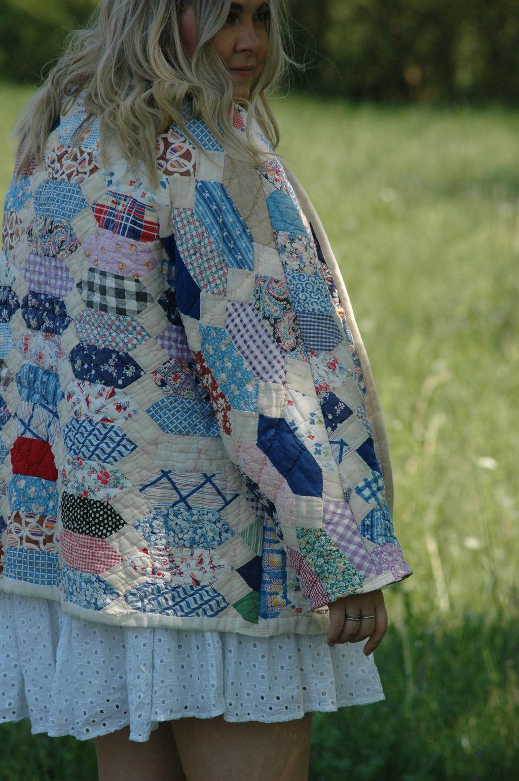 Vintage Patchwork Feed Sack Quilted Jacket with Pockets