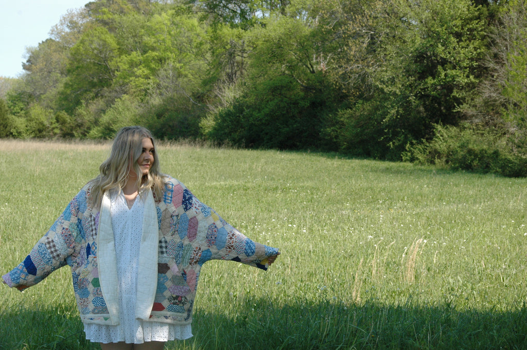 Vintage Patchwork Feed Sack Quilted Jacket with Pockets