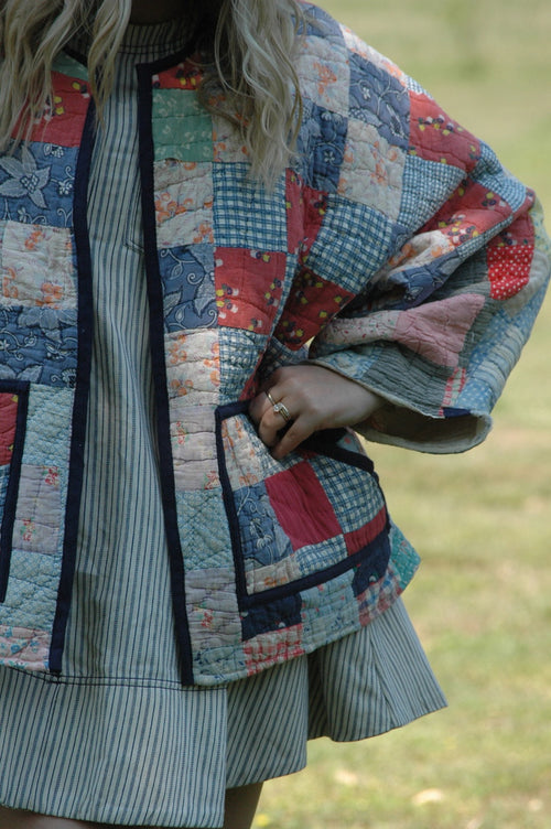 Vintage 1930s Feed Sack Quilted Jacket with Pockets